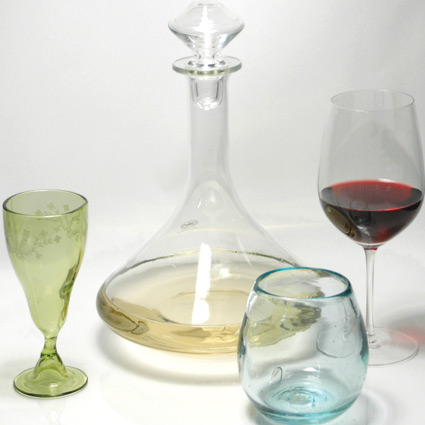 Wine accesories that are light on the environment from Terra Keramik, Green Glass Company and Uncommon Goods.